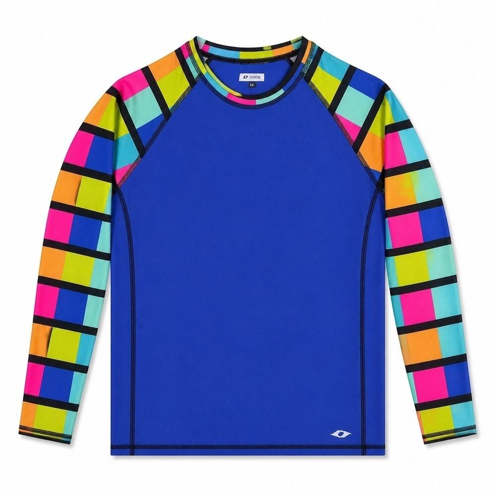 Oxide Bright Colorblock Geometric Long Sleeve Rash Guard Swim Top Blue M Beach